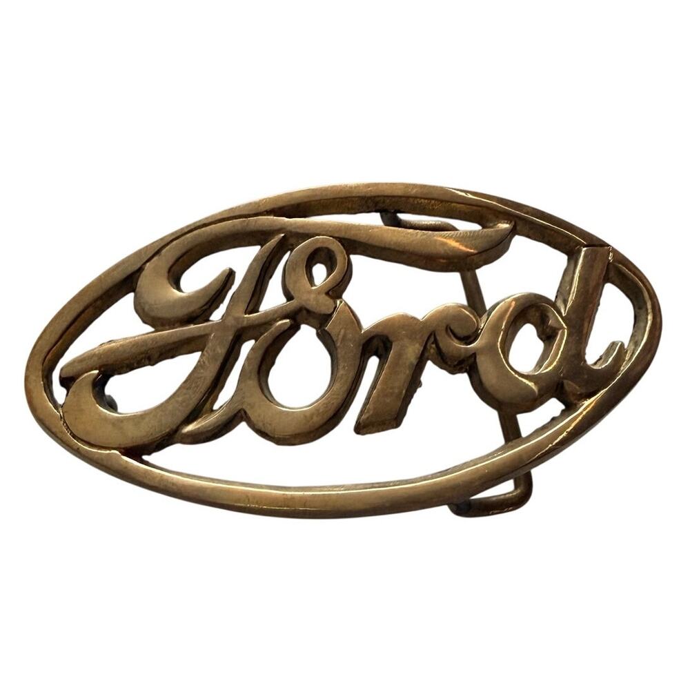 Vintage 70s Ford Belt Buckle Solid Brass Script Logo Western Cowboy Automotive